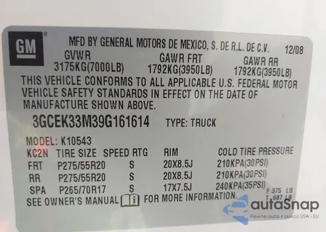 2009 Chevrolet Silverado 1500 Ltz z USA, uszkodzony, nr VIN 3GCEK33M39G161614